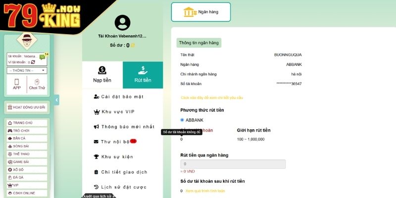 Nạp và rút tiền 79King 3 Giao dịch rút tiền hiệu quả